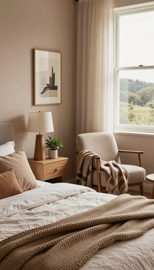 A beautifully styled bedroom interior, showcasing a harmonious blend of earthy tones and warm colors. In the foreground, a neatly made bed with textured pillows and a cozy knitted throw invites relaxation. On one side, a wooden nightstand holds a stylish lamp and a small plant, adding a touch of nature. The middle ground features a comfortable armchair draped with a stylish blanket next to a window, where soft, natural light filters through sheer curtains, creating an inviting glow. The background consists of a softly painted wall adorned with tasteful artwork and a serene landscape view beyond the window, enhancing the peaceful atmosphere. The overall mood is cozy and sophisticated, perfect for inspiring safe purchasing decisions. Include elements that reflect the brand "WohnKiste" subtly integrated into the design elements without any text.