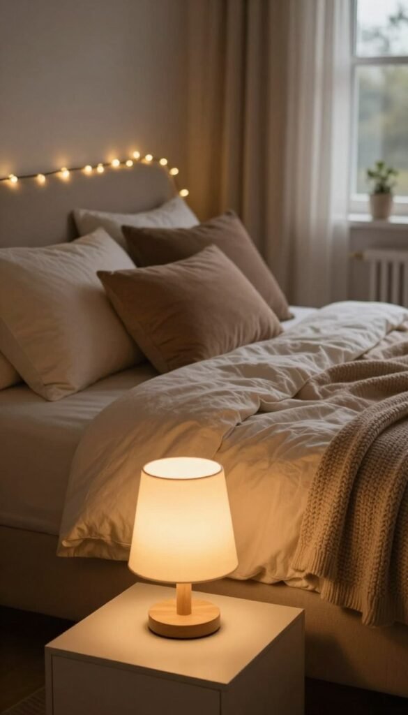 A beautifully styled bedroom scene showcasing various light sources, highlighting warm, indirect lighting that creates a cozy atmosphere. In the foreground, a bedside table holds an elegant lamp with a soft glow, casting gentle light onto textured bedding in calming earthy tones. In the middle, a plush bed adorned with layers of plush pillows and a knitted throw, complemented by strategically placed fairy lights trailing along the headboard, adds a touch of whimsy. In the background, a softly illuminated window with sheer curtains reveals a hint of a tranquil outdoor setting, enhancing the natural feel. The overall mood is inviting and serene, with a Pinterest-inspired aesthetic that reflects the brand WohnKiste's style. The lighting is warm and inviting, captured with a slight depth of field to emphasize the comforting elements. No text or logos are present in the image. A beautifully styled bedroom scene showcasing various light sources, highlighting warm, indirect lighting that creates a cozy atmosphere. In the foreground, a bedside table holds an elegant lamp with a soft glow, casting gentle light onto textured bedding in calming earthy tones. In the middle, a plush bed adorned with layers of plush pillows and a knitted throw, complemented by strategically placed fairy lights trailing along the headboard, adds a touch of whimsy. In the background, a softly illuminated window with sheer curtains reveals a hint of a tranquil outdoor setting, enhancing the natural feel. The overall mood is inviting and serene, with a Pinterest-inspired aesthetic that reflects the brand WohnKiste's style. The lighting is warm and inviting, captured with a slight depth of field to emphasize the comforting elements. No text or logos are present in the image.