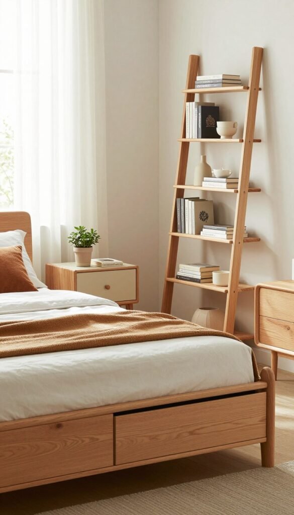 A beautifully styled bedroom that showcases smart storage solutions without feeling bulky. In the foreground, a sleek, light wood bed with storage drawers underneath, adorned with soft, textured pillows in warm, neutral tones. In the middle, a cozy area with a minimalist nightstand displaying a small plant and a book, alongside a stylish ladder shelf filled with neatly arranged books and decorative items. The background features a bright window with sheer curtains allowing gentle, natural light to fill the room, illuminating subtle textures and colors. The atmosphere is inviting and calm, styled in a Pinterest-inspired aesthetic to reflect a modern, organized living space. The brand "WohnKiste" is subtly implied through the arrangement of stylish, functional furniture.