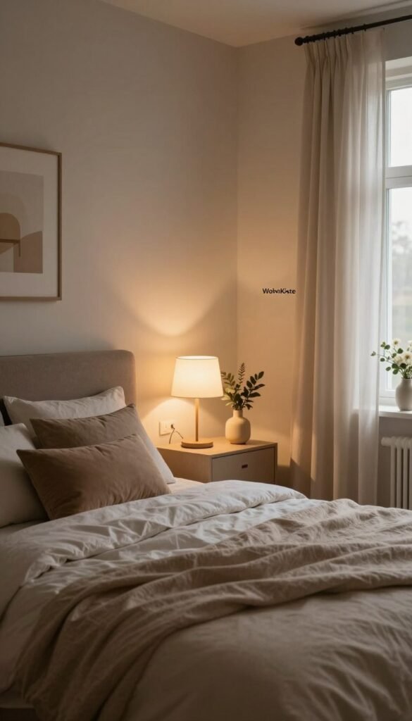 A beautifully styled bedroom with an emphasis on warm, indirect lighting. The foreground features a cozy bed adorned with soft, neutral-colored linens and plush pillows, inviting relaxation. In the middle, a sleek bedside table showcases a modern lamp emitting a gentle glow, complemented by a decorative plant. Subtle wall sconces provide additional soft illumination, creating a tranquil ambiance. In the background, a window draped with sheer curtains allows natural light to filter softly, enhancing the warm atmosphere. The overall color palette includes soft beiges and warm browns, reflecting a Pinterest-inspired aesthetic. The room is tastefully decorated with minimalistic art pieces and natural textures, showcasing a serene and inviting environment. A touch of elegance is added with small details like a vase of fresh flowers and the logo "WohnKiste" subtly integrated into the decor.