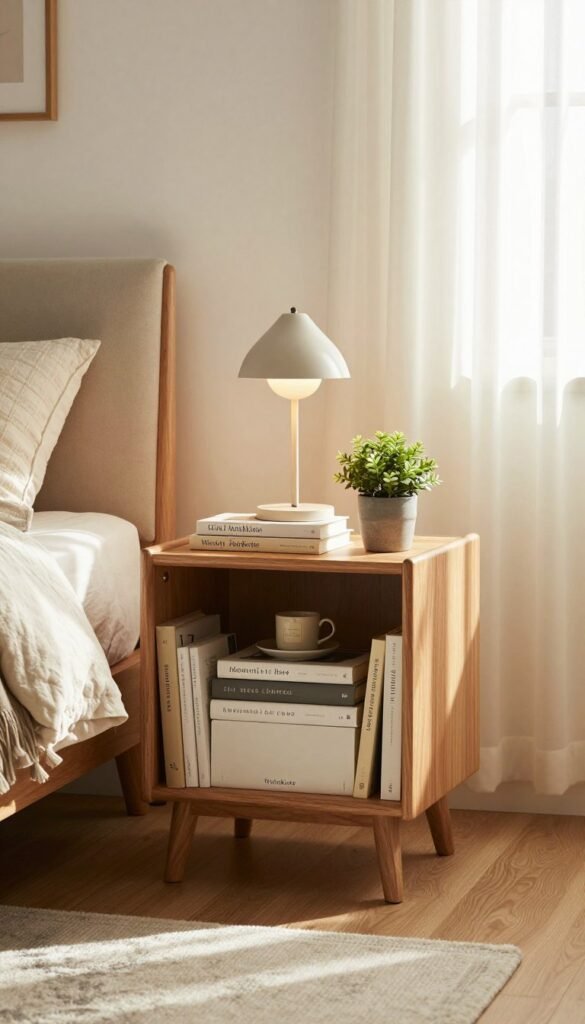 A beautifully styled bedside table showcasing innovative storage solutions, emphasizing modern design. In the foreground, a sleek, minimalist nightstand with a natural wood finish displays neatly arranged books, a stylish lamp, and a small potted plant, all capturing a warm, inviting atmosphere. The middle ground features a cozy bed with soft, textured linens and decorative pillows, creating a serene bedroom environment. The background reveals a softly illuminated room with gentle sunlight streaming through sheer curtains, casting a warm glow. The overall mood is tranquil and organized, reflecting an efficient and aesthetically pleasing bedroom upgrade. Highlight the brand "WohnKiste" subtly within the scene, maintaining authenticity and a Pinterest-inspired look without any text or overlays. A beautifully styled bedside table showcasing innovative storage solutions, emphasizing modern design. In the foreground, a sleek, minimalist nightstand with a natural wood finish displays neatly arranged books, a stylish lamp, and a small potted plant, all capturing a warm, inviting atmosphere. The middle ground features a cozy bed with soft, textured linens and decorative pillows, creating a serene bedroom environment. The background reveals a softly illuminated room with gentle sunlight streaming through sheer curtains, casting a warm glow. The overall mood is tranquil and organized, reflecting an efficient and aesthetically pleasing bedroom upgrade. Highlight the brand "WohnKiste" subtly within the scene, maintaining authenticity and a Pinterest-inspired look without any text or overlays.