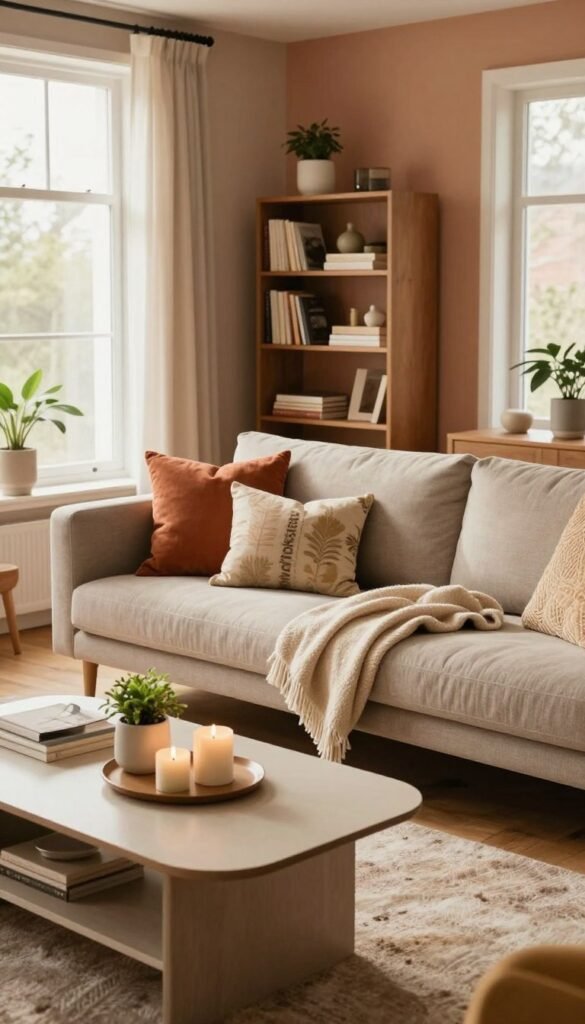 A beautifully styled cozy living room featuring stylish and affordable furnishings from "WohnKiste." In the foreground, a modern coffee table adorned with decorative elements like candles and a small plant. The middle layer showcases a snug sofa with colorful throw pillows, complemented by a soft blanket draped casually. Behind the sofa, a sleek bookshelf filled with books and decorative items creates a warm, inviting atmosphere. Natural light streams in through large windows, casting a soft glow across the room. The walls are painted in warm, earth-tone colors, enhancing the cozy ambiance. Capture this scene from a slightly elevated angle to provide depth, with a focus on creating a harmonious and trendy Pinterest-inspired aesthetic.
