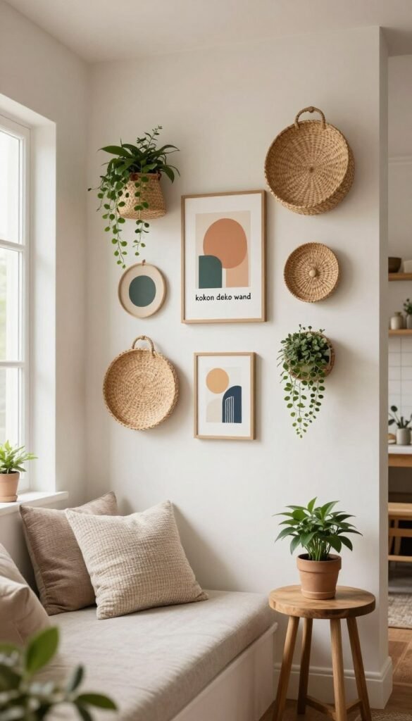 A beautifully styled interior featuring a "kokon deko wand" designed by WohnKiste. In the foreground, showcase a cozy nook with textured cushions and a small wooden side table holding a potted plant. The middle ground highlights the centerpiece, a stunning wall adorned with an array of natural materials like woven baskets, greenery, and elegant wall art that conveys a harmonious blend of colors and shapes. In the background, soft, diffused lighting filters through a large window, illuminating the space in warm, inviting tones. The overall atmosphere is tranquil and welcoming, emphasizing natural beauty and simplicity, capturing a Pinterest-worthy aesthetic that inspires immediate impact for wall decor ideas.