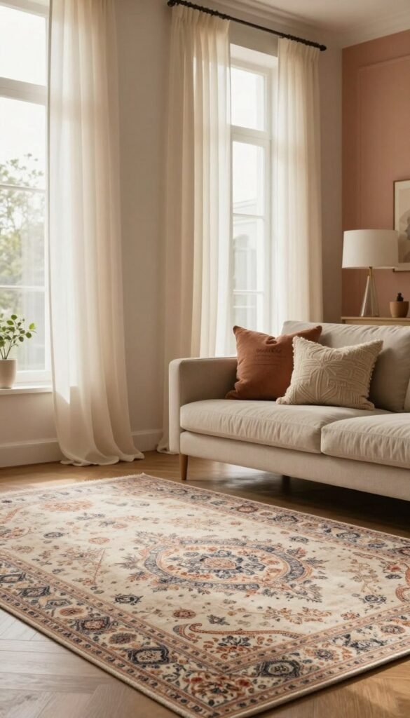 A beautifully styled interior featuring textiles that transform a living space, focusing on a plush, intricately patterned area rug in the foreground. In the middle, elegant, flowing curtains drape from tall windows, beautifully diffusing soft natural light that creates a warm and inviting atmosphere. A selection of decorative cushions in varied textures and colors rest on a stylish sofa, enhancing the cozy ambiance. In the background, hints of a well-decorated room are visible, showcasing warm-toned walls and simple, chic decor. The scene should exude a Pinterest-worthy aesthetic, with a feeling of authenticity and comfort, while prominently featuring the brand name "WohnKiste" subtly integrated into the design without any text overlay. A beautifully styled interior featuring textiles that transform a living space, focusing on a plush, intricately patterned area rug in the foreground. In the middle, elegant, flowing curtains drape from tall windows, beautifully diffusing soft natural light that creates a warm and inviting atmosphere. A selection of decorative cushions in varied textures and colors rest on a stylish sofa, enhancing the cozy ambiance. In the background, hints of a well-decorated room are visible, showcasing warm-toned walls and simple, chic decor. The scene should exude a Pinterest-worthy aesthetic, with a feeling of authenticity and comfort, while prominently featuring the brand name "WohnKiste" subtly integrated into the design without any text overlay.
