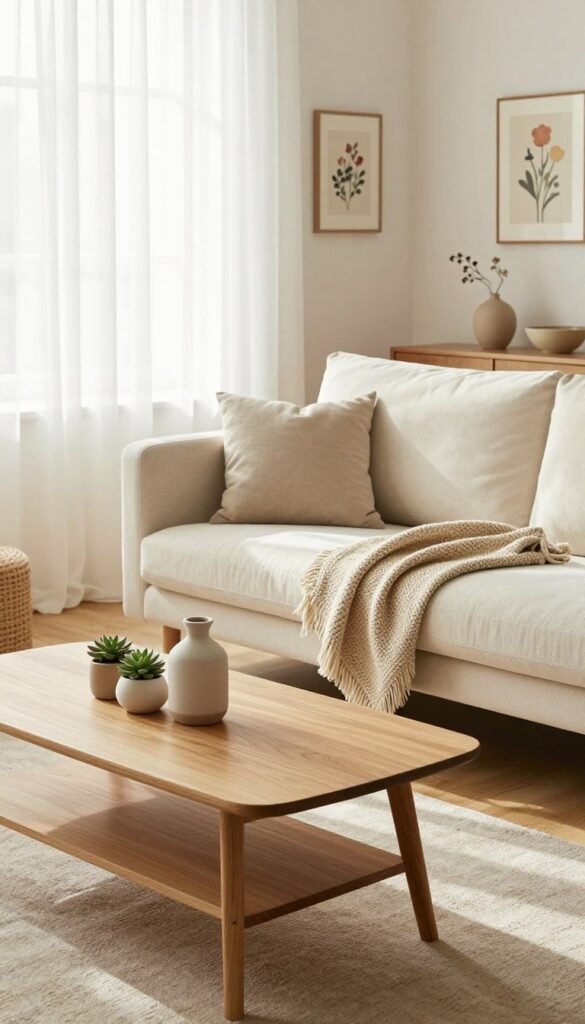 A beautifully styled interior scene featuring a cozy Scandinavian-inspired living room. In the foreground, a minimalist wooden coffee table adorned with natural decor elements, such as a small succulent plant and handcrafted ceramic vases, sets a warm and inviting tone. The middle layer showcases a comfy off-white sofa with plush cushions and a woven throw blanket, harmonizing with the light wooden flooring and soft area rug. In the background, large windows draped with sheer curtains allow soft, diffused sunlight to fill the space, enhancing the room's airy atmosphere. The walls are adorned with subtle vintage artwork and floral accents, evoking a sense of charm and nostalgia in the design. The image reflects a Pinterest-worthy aesthetic, featuring warm colors and an authentic feel that represents the WohnKiste brand.