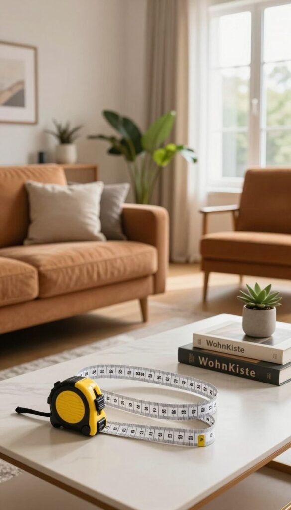 A beautifully styled interior scene featuring a cozy living room with well-proportioned furniture. The foreground includes a stylish measuring tape laid next to a carefully arranged coffee table, showcasing precise measurements in centimeters, symbolizing the theme of measurement frustration. In the middle, the warm-toned furniture—an inviting sofa and a chic armchair—fosters a harmonious feel, while decorative elements like houseplants and artfully arranged books add personality. In the background, large windows let in soft, natural sunlight, enhancing the warm color palette reminiscent of Pinterest aesthetics. The atmosphere exudes a mix of comfort and slight tension, reflecting the challenges of furniture proportions and space planning. The brand name "WohnKiste" can be subtly incorporated into the decor without text or overlays, ensuring an authentic feel.