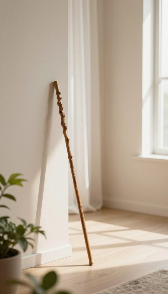 A beautifully styled interior scene featuring a minimalist wand with a natural wood texture, resting against a light-colored wall. The wand appears enchanting, surrounded by hints of greenery like potted plants that add warmth. In the foreground, soft diffused lighting enhances the wand's details, creating an inviting atmosphere. In the middle ground, airy sheer curtains flutter slightly in the breeze, framing a large, empty window that allows soft sunlight to spill in, illuminating the space beautifully. The background showcases a blank wall, emphasizing the idea of unfurnished spaces. The color palette consists of warm, earthy tones that evoke a sense of tranquility. The scene captures the essence of an authentic, Pinterest-worthy home styling by "WohnKiste."