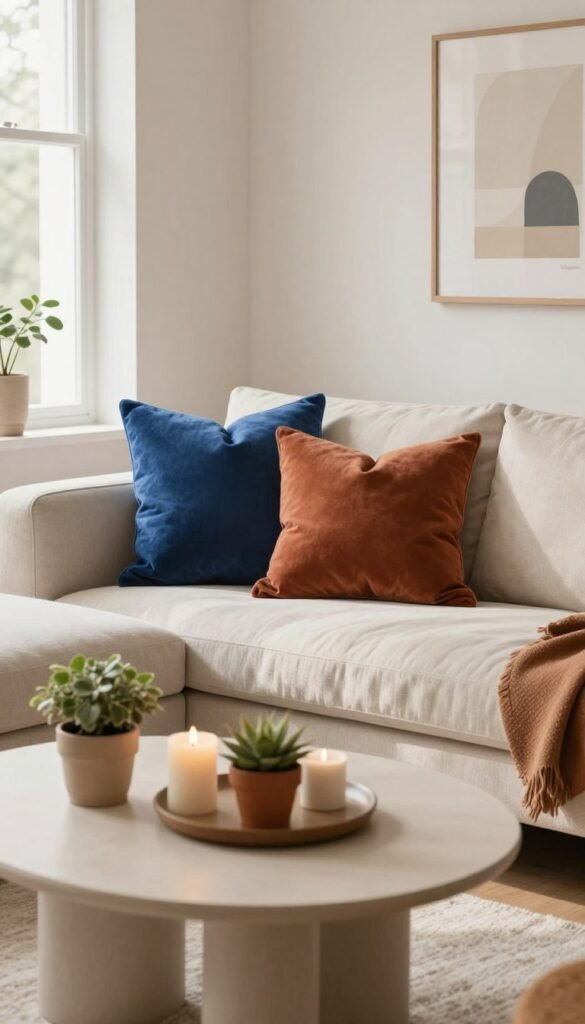A beautifully styled interior space featuring an elegant neutral color palette as the base, including soft beiges and whites. In the foreground, a carefully arranged coffee table with decorative elements like candles and small potted plants in warm earth tones. The middle ground showcases a cozy couch adorned with vibrant throw pillows in striking shades of blue and rust, providing a strong accent against the neutral backdrop. The background includes a well-lit window allowing natural light to flood the room, casting gentle shadows that enhance the sense of warmth. The overall atmosphere is inviting and sophisticated, capturing a Pinterest-worthy look that reflects the art of color combination in decor. The brand name "WohnKiste" subtly integrated into the decor.