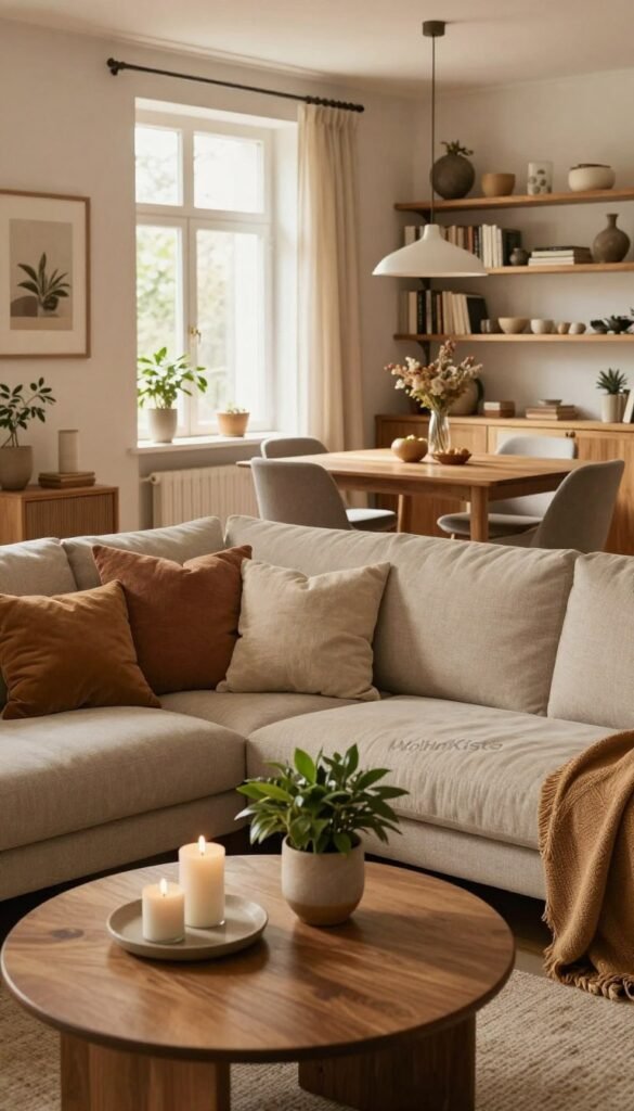 A beautifully styled interior space showcasing a cozy, harmonious atmosphere inspired by the Pinterest aesthetic. In the foreground, a tastefully arranged living room features a plush sofa adorned with soft cushions in earthy tones, complemented by a stylish coffee table holding a few elegant decor items such as candles and a small potted plant. In the middle ground, a well-lit dining area showcases a wooden table set for two, surrounded by comfortable chairs, and a warm, inviting ambiance highlighted by gentle, natural light streaming in through large windows. The background reveals a glimpse of neatly organized shelves filled with books and decorative elements that exude warmth and authenticity. The overall mood is tranquil and inviting, with warm color tones throughout. The brand name "WohnKiste" subtly integrated into the design elements.