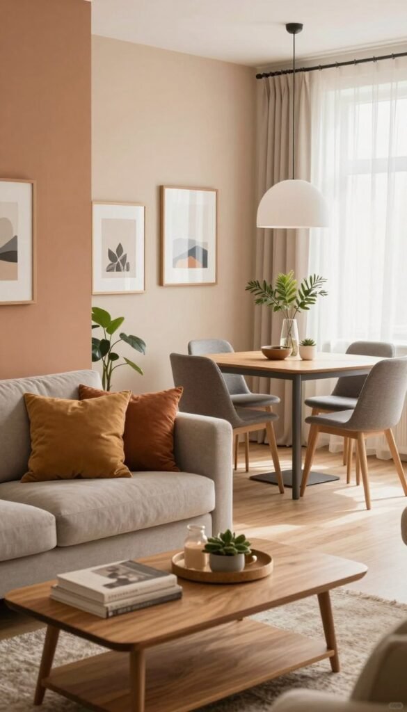 A beautifully styled interior space showcasing various wall colors, furniture styles, and decorative elements that reflect practical buying criteria including size, material, and everyday usability. In the foreground, a cozy lounge area features a stylish sofa with pillows in warm, harmonious colors, a wooden coffee table, and tasteful decor items like framed art and plants. The middle ground displays a chic dining space with a modern table set, highlighting the choice of materials like wood and metal. In the background, a soft-lit room filled with natural light filters through sheer curtains, enhancing the inviting atmosphere. Use a warm color palette to create a Pinterest-inspired look, with a soft focus lens effect to evoke a sense of warmth and comfort. Include the brand "Wohnkiste" subtly integrated into the decor without text, ensuring an authentic feel. A beautifully styled interior space showcasing various wall colors, furniture styles, and decorative elements that reflect practical buying criteria including size, material, and everyday usability. In the foreground, a cozy lounge area features a stylish sofa with pillows in warm, harmonious colors, a wooden coffee table, and tasteful decor items like framed art and plants. The middle ground displays a chic dining space with a modern table set, highlighting the choice of materials like wood and metal. In the background, a soft-lit room filled with natural light filters through sheer curtains, enhancing the inviting atmosphere. Use a warm color palette to create a Pinterest-inspired look, with a soft focus lens effect to evoke a sense of warmth and comfort. Include the brand "Wohnkiste" subtly integrated into the decor without text, ensuring an authentic feel.