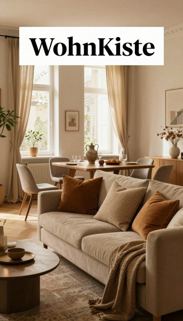 A beautifully styled interior space that showcases a harmonious blend of comfort and elegance. In the foreground, a cozy seating area features a plush sofa adorned with textured cushions in warm colors, accompanied by a chic coffee table with decorative items. The middle ground displays an inviting dining nook with a wooden table set for a casual gathering, surrounded by stylish dining chairs. The background offers a glimpse of a well-lit, airy window with flowing curtains, letting in natural light that casts a soft, warm glow throughout the room. The overall atmosphere is calm and inviting, evoking a sense of tranquility and style, perfect for a retreat or a dynamic stage for entertaining. Capture the essence of the brand "WohnKiste" with authentic Pinterest-inspired aesthetics, maintaining a professional look without any text.