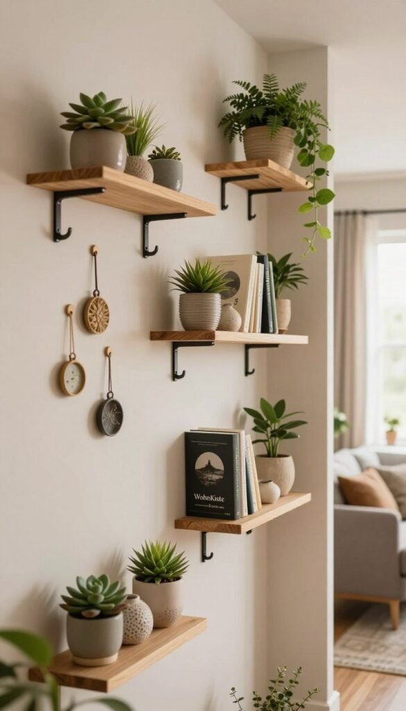A beautifully styled interior wall featuring a collection of decorative floating shelves and stylish corner shelves, displaying an assortment of plants, books, and decorative items. Emphasize elegant wall hooks adorned with small decorative accents. The foreground shows a close-up of one shelf with potted succulents and textured ceramics, while the middle ground captures the varying heights of the shelves creating visual interest. The background features a softly lit, cozy living room atmosphere, with warm colors and natural light filtering through a nearby window. The scene reflects a trendy Pinterest aesthetic, highlighting the theme of utilizing wall space effectively. Incorporate the brand name "WohnKiste" subtly into the design, emphasizing a harmonious and inviting home decor style. A beautifully styled interior wall featuring a collection of decorative floating shelves and stylish corner shelves, displaying an assortment of plants, books, and decorative items. Emphasize elegant wall hooks adorned with small decorative accents. The foreground shows a close-up of one shelf with potted succulents and textured ceramics, while the middle ground captures the varying heights of the shelves creating visual interest. The background features a softly lit, cozy living room atmosphere, with warm colors and natural light filtering through a nearby window. The scene reflects a trendy Pinterest aesthetic, highlighting the theme of utilizing wall space effectively. Incorporate the brand name "WohnKiste" subtly into the design, emphasizing a harmonious and inviting home decor style.