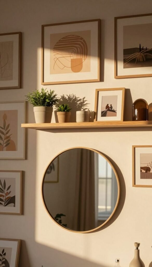 A beautifully styled interior wall featuring a selection of modern wall decor elements and mirrors that enhance a sense of space and elegance. In the foreground, a large, minimalist round mirror reflects soft sunlight, surrounded by an arrangement of tasteful wall art in warm, earthy tones. In the middle, a chic shelf displays decorative objects such as potted plants and framed photos, creating a harmonious balance. The background consists of a soothing, light-colored wall complemented by textured elements like wood and fabric. The lighting should be warm and inviting, as if bathed in natural afternoon light, capturing a cozy yet sophisticated atmosphere. The overall aesthetic should embody the essence of WohnKiste, with a Pinterest-inspired look that feels authentic and stylish, devoid of any text or branding within the image itself.