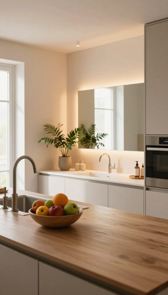A beautifully styled kitchen and bathroom combination, featuring modern, minimalist designs. In the foreground, a sleek kitchen countertop with warm wooden tones highlighted by soft ambient lighting. A stylish faucet and a bowl of fresh fruits add a touch of life. In the middle, show an elegant bathroom vanity with a large mirror reflecting the tasteful decor, adorned with green plants for a natural feel. The background includes subtle hints of soft, pastel colors on the walls, evoking a cozy atmosphere. Utilize natural light streaming through a window, creating a warm, inviting glow. The overall mood is serene and sophisticated, capturing a Pinterest-inspired aesthetic. Focus on authenticity and avoid any text, ensuring a clean and professional finish. Incorporate elements that reflect the brand "WohnKiste".