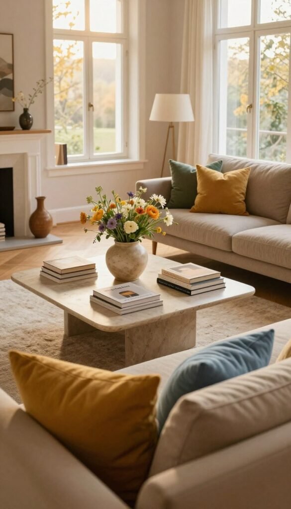 A beautifully styled living room combining harmonious color palettes, featuring warm, natural tones in a Pinterest-inspired aesthetic. In the foreground, a cozy sofa adorned with colorful cushions in shades of mustard yellow, soft blue, and earthy green. The middle ground includes a contemporary coffee table with a ceramic vase filled with fresh flowers and a neatly arranged stack of design books. The background showcases a light, airy space with large windows allowing soft, golden sunlight to illuminate the room, highlighting textures in the wood flooring and walls. The overall atmosphere is inviting and sophisticated, perfect for a modern home. Include elements branded with "Wohnkiste" subtly integrated into the decor, avoiding any text overlays.