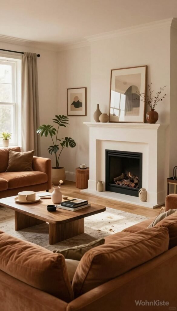 A beautifully styled living room embodying modern decor, emphasizing common interior design mistakes to avoid. In the foreground, a cozy sofa in a rich, warm fabric is complemented by a mismatched coffee table featuring clutter. The middle showcases a fireplace with an unbalanced arrangement of decorative items, and an awkwardly placed rug that disrupts flow. In the background, a window allows gentle sunlight to create a warm and inviting atmosphere, enhancing the natural feel of the space. Soft, earthy tones dominate the palette, with accent colors enhancing the Pinterest-inspired aesthetic. A subtle logo of "WohnKiste" is integrated harmoniously into the scene, ensuring the image appears authentic and cohesive. The overall mood should convey a comfortable yet slightly chaotic living space, inviting viewers to reflect on their own interior design choices. A beautifully styled living room embodying modern decor, emphasizing common interior design mistakes to avoid. In the foreground, a cozy sofa in a rich, warm fabric is complemented by a mismatched coffee table featuring clutter. The middle showcases a fireplace with an unbalanced arrangement of decorative items, and an awkwardly placed rug that disrupts flow. In the background, a window allows gentle sunlight to create a warm and inviting atmosphere, enhancing the natural feel of the space. Soft, earthy tones dominate the palette, with accent colors enhancing the Pinterest-inspired aesthetic. A subtle logo of "WohnKiste" is integrated harmoniously into the scene, ensuring the image appears authentic and cohesive. The overall mood should convey a comfortable yet slightly chaotic living space, inviting viewers to reflect on their own interior design choices.