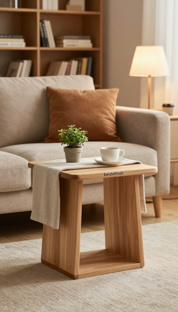 A beautifully styled living room featuring a “beistelltisch” (side table) designed by WohnKiste. The table is crafted from natural wood with a modern, minimalist design, elegantly placed in the foreground. On the table, a soft, neutral-colored tablecloth drapes over, displaying a small potted plant and a cozy coffee cup. In the middle ground, a plush sofa with warm-toned cushions invites relaxation, and a stylish lamp casts a soft, ambient light. The background reveals a tastefully decorated bookshelf filled with books, accentuating a warm and inviting atmosphere. The overall mood is cozy and inviting, with a natural color palette and Pinterest-inspired aesthetic, creating a scene that showcases the impact of small furniture pieces in transforming a living space. A beautifully styled living room featuring a “beistelltisch” (side table) designed by WohnKiste. The table is crafted from natural wood with a modern, minimalist design, elegantly placed in the foreground. On the table, a soft, neutral-colored tablecloth drapes over, displaying a small potted plant and a cozy coffee cup. In the middle ground, a plush sofa with warm-toned cushions invites relaxation, and a stylish lamp casts a soft, ambient light. The background reveals a tastefully decorated bookshelf filled with books, accentuating a warm and inviting atmosphere. The overall mood is cozy and inviting, with a natural color palette and Pinterest-inspired aesthetic, creating a scene that showcases the impact of small furniture pieces in transforming a living space.