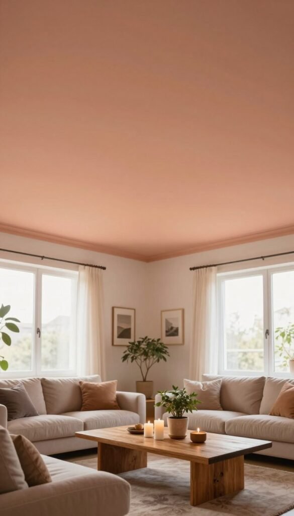 A beautifully styled living room featuring a freshly painted ceiling in a warm, inviting color that creates a sense of height and coziness. In the foreground, a plush sofa with soft cushions complements the color of the ceiling. The middle ground showcases an elegant wooden coffee table adorned with a few stylish decor items, such as candles and a potted plant. The background consists of a well-lit window allowing natural light to flood the space, highlighting the ceiling's hue. Use warm lighting to enhance the inviting atmosphere, and apply a soft focus for a dreamy effect. Capture the image from a low angle to emphasize the ceiling's height, giving the viewer a feeling of upward space. This interior scene reflects the essence of Wohnkiste’s aesthetic without any text or branding overlays.