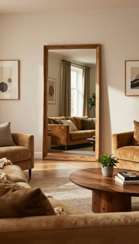A beautifully styled living room featuring a large, elegantly framed mirror strategically placed to reflect natural light. In the foreground, a cozy seating area with a plush sofa in warm, inviting tones and decorative cushions. In the middle, a polished wooden coffee table adorned with books and a small indoor plant, emphasizing a modern and welcoming atmosphere. The background showcases soft, neutral-colored walls adorned with tasteful artwork, enhancing the sense of space. Warm ambient lighting fills the room, casting gentle shadows that create depth. The overall mood is inviting and serene, evoking a Pinterest-worthy aesthetic. The space subtly incorporates the brand name "WohnKiste" through tasteful furniture choices, blending style and comfort seamlessly.