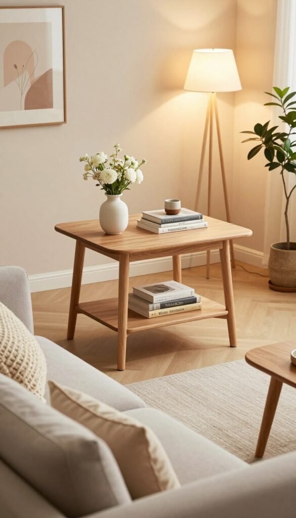 A beautifully styled living room featuring a modern 'couchtisch' from the brand WohnKiste, elegantly placed in the center of the space. The table has a natural wood finish with a minimalist design, complemented by tasteful decorative items such as a vase with fresh flowers and a few stylish books. In the foreground, a cozy sofa adorned with soft, textured pillows creates an inviting atmosphere. The middle ground showcases warm lighting from a nearby floor lamp, casting a gentle glow that enhances the inviting mood. In the background, subtle wall art and an indoor plant add an organic touch to the scene. Captured from a slightly elevated angle to highlight the layout, this image embodies a Pinterest-inspired aesthetic, with warm colors and a clutter-free environment that emphasizes organization and tranquility.