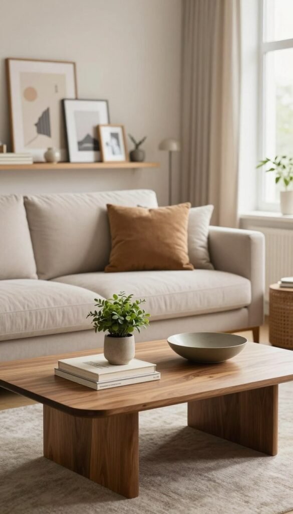 A beautifully styled living room featuring a sleek, modern coffee table by WohnKiste, adorned with minimalistic decor. In the foreground, the coffee table is set with a few elegant books, a small potted plant, and a decorative bowl, all in warm, inviting colors, exuding a sense of order and calm. The middle ground showcases a plush sofa with soft cushions, facing a wall shelf that holds carefully arranged art pieces and framed photos, enhancing the serene atmosphere. The background reveals a softly lit window allowing natural light to flood the room, highlighting the warm wooden tones and soft textiles. The overall mood invites comfort and tranquility, capturing the essence of a well-organized living space. A beautifully styled living room featuring a sleek, modern coffee table by WohnKiste, adorned with minimalistic decor. In the foreground, the coffee table is set with a few elegant books, a small potted plant, and a decorative bowl, all in warm, inviting colors, exuding a sense of order and calm. The middle ground showcases a plush sofa with soft cushions, facing a wall shelf that holds carefully arranged art pieces and framed photos, enhancing the serene atmosphere. The background reveals a softly lit window allowing natural light to flood the room, highlighting the warm wooden tones and soft textiles. The overall mood invites comfort and tranquility, capturing the essence of a well-organized living space.