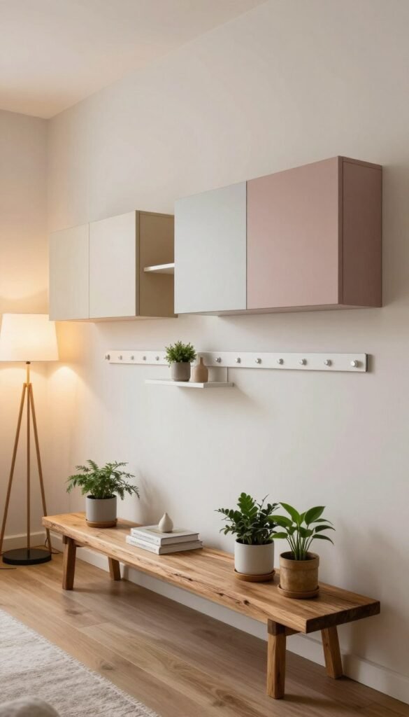 A beautifully styled living room featuring a smart use of wall surfaces, showcasing elegant wall cabinets, minimalist wall shelves, and sleek hook strips. In the foreground, focus on a rustic wooden wall shelf adorned with carefully arranged decorative items like plants and books, providing a warm, inviting atmosphere. The middle ground highlights modern hängeschränke in soft pastel shades, seamlessly blending into the décor. The background features a cozy, softly lit ambiance with warm lighting coming from a stylish floor lamp. Use a wide-angle lens to capture the full essence of the space, emphasizing a Pinterest-inspired aesthetic with natural textures and hues. Ensure that the overall look reflects authenticity, with no text, creating an engaging visual that represents WohnKiste's design philosophy. A beautifully styled living room featuring a smart use of wall surfaces, showcasing elegant wall cabinets, minimalist wall shelves, and sleek hook strips. In the foreground, focus on a rustic wooden wall shelf adorned with carefully arranged decorative items like plants and books, providing a warm, inviting atmosphere. The middle ground highlights modern hängeschränke in soft pastel shades, seamlessly blending into the décor. The background features a cozy, softly lit ambiance with warm lighting coming from a stylish floor lamp. Use a wide-angle lens to capture the full essence of the space, emphasizing a Pinterest-inspired aesthetic with natural textures and hues. Ensure that the overall look reflects authenticity, with no text, creating an engaging visual that represents WohnKiste's design philosophy.