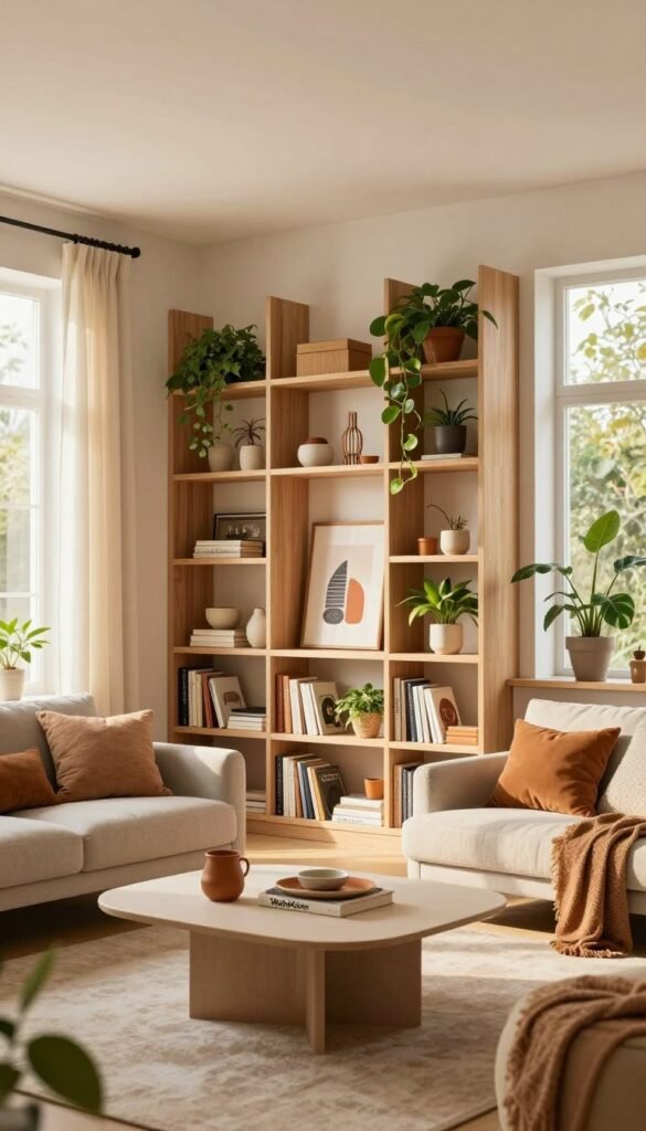 A beautifully styled living room featuring clever storage solutions. In the foreground, showcase a cozy seating area with a minimalist coffee table, surrounded by shelves filled with books and decor. The middle ground features a stylish open shelving unit integrated into the wall, filled with vibrant plants, decorative boxes, and artistic pieces, promoting the concept of vertical storage. The background should be softly lit, with large windows letting in warm, natural sunlight and soft curtains fluttering gently. Use a wide-angle lens to capture the entire room's layout, creating an inviting and harmonious atmosphere. The overall look should embody a Pinterest-inspired aesthetic with warm, earthy colors, highlighting the innovative use of space. Include the brand name "WohnKiste" subtly within the room’s decor.