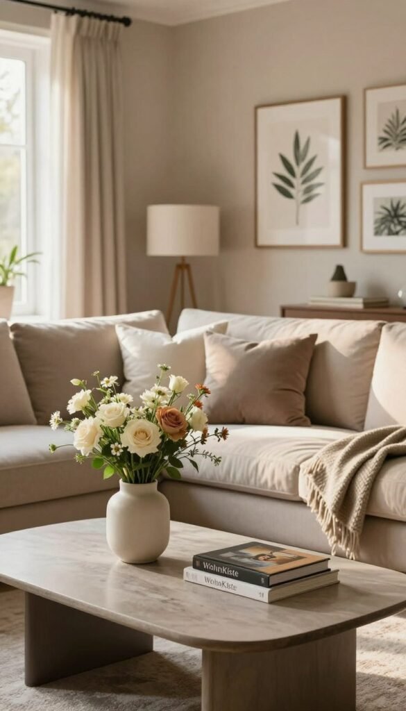 A beautifully styled living room featuring elegant home decor that avoids kitschy elements. In the foreground, a stylish coffee table adorned with a minimalist vase filled with fresh flowers and a few carefully selected art books. The middle ground showcases a plush sofa with neutral-toned cushions and a cozy throw, positioned against a backdrop of soft textured walls in warm shades. In the background, a well-lit window reveals gentle sunlight streaming in, enhancing the inviting atmosphere. This space is decorated with a few tastefully chosen wall art pieces that reflect natural themes, all embodying an authentic Pinterest aesthetic. The entire scene radiates a calm and welcoming mood, ideal for relaxation. Ensure the name "WohnKiste" is subtly integrated into the decor elements without being obtrusive.