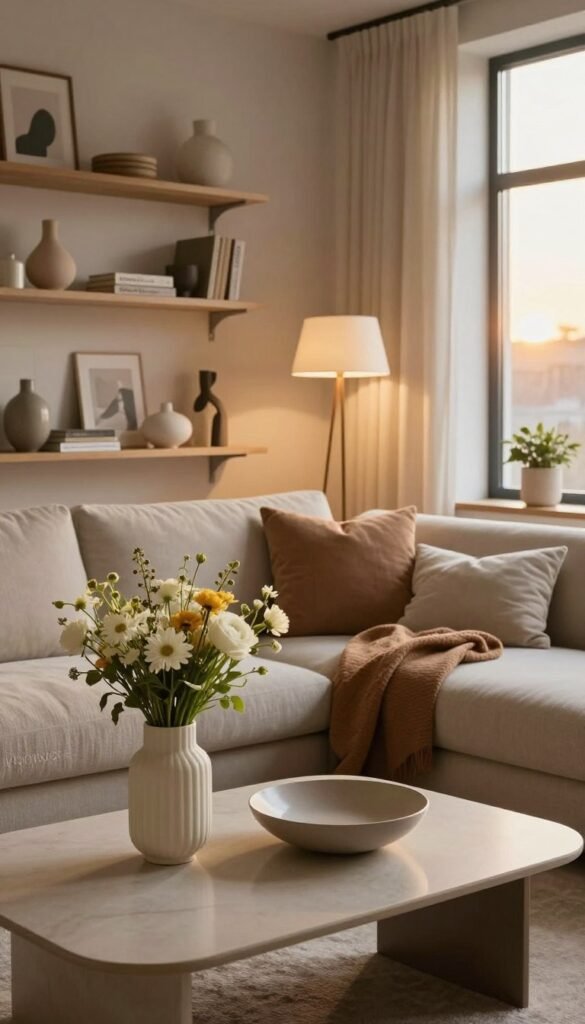 A beautifully styled living room featuring stylish, functional decorative objects that set an accent without cluttering the space. In the foreground, a sleek coffee table with an elegant vase of fresh flowers and a modern decorative bowl. The middle ground includes a cozy sofa adorned with textured cushions and a warm throw blanket, complemented by a chic floor lamp. In the background, tastefully arranged shelves with carefully selected decor items, all showcasing the brand "WohnKiste". The lighting is soft and inviting, creating a warm atmosphere, with a slight glow at sunset filtering in through a large window. The overall mood is serene, homely, and elegantly curated, reflecting a Pinterest aesthetic. A beautifully styled living room featuring stylish, functional decorative objects that set an accent without cluttering the space. In the foreground, a sleek coffee table with an elegant vase of fresh flowers and a modern decorative bowl. The middle ground includes a cozy sofa adorned with textured cushions and a warm throw blanket, complemented by a chic floor lamp. In the background, tastefully arranged shelves with carefully selected decor items, all showcasing the brand "WohnKiste". The lighting is soft and inviting, creating a warm atmosphere, with a slight glow at sunset filtering in through a large window. The overall mood is serene, homely, and elegantly curated, reflecting a Pinterest aesthetic.