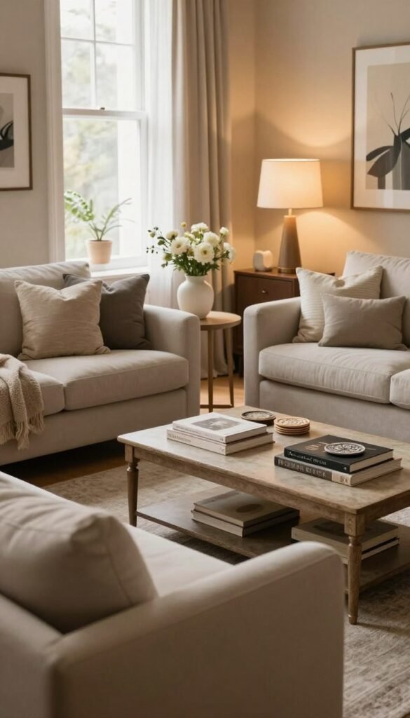 A beautifully styled living room reflecting an elegant residential lifestyle, designed by "Wohnkiste". The foreground features a cozy seating area with a plush, neutral-colored sofa adorned with soft, textured cushions. Elegant side tables display minimalist decor elements like a vase with fresh flowers and a warm-toned lamp. In the middle ground, an ornate coffee table is topped with tasteful books and artisanal coasters, creating a welcoming atmosphere. The background reveals softly lit windows draped with sheer curtains that filter in natural light, highlighting warm-toned walls and stylish art pieces. The overall mood is serene and inviting, with a Pinterest-inspired aesthetic featuring natural colors and harmonious decor. Shot in a slightly elevated angle, giving a comprehensive view of the elegant style in everyday living. A beautifully styled living room reflecting an elegant residential lifestyle, designed by "Wohnkiste". The foreground features a cozy seating area with a plush, neutral-colored sofa adorned with soft, textured cushions. Elegant side tables display minimalist decor elements like a vase with fresh flowers and a warm-toned lamp. In the middle ground, an ornate coffee table is topped with tasteful books and artisanal coasters, creating a welcoming atmosphere. The background reveals softly lit windows draped with sheer curtains that filter in natural light, highlighting warm-toned walls and stylish art pieces. The overall mood is serene and inviting, with a Pinterest-inspired aesthetic featuring natural colors and harmonious decor. Shot in a slightly elevated angle, giving a comprehensive view of the elegant style in everyday living.