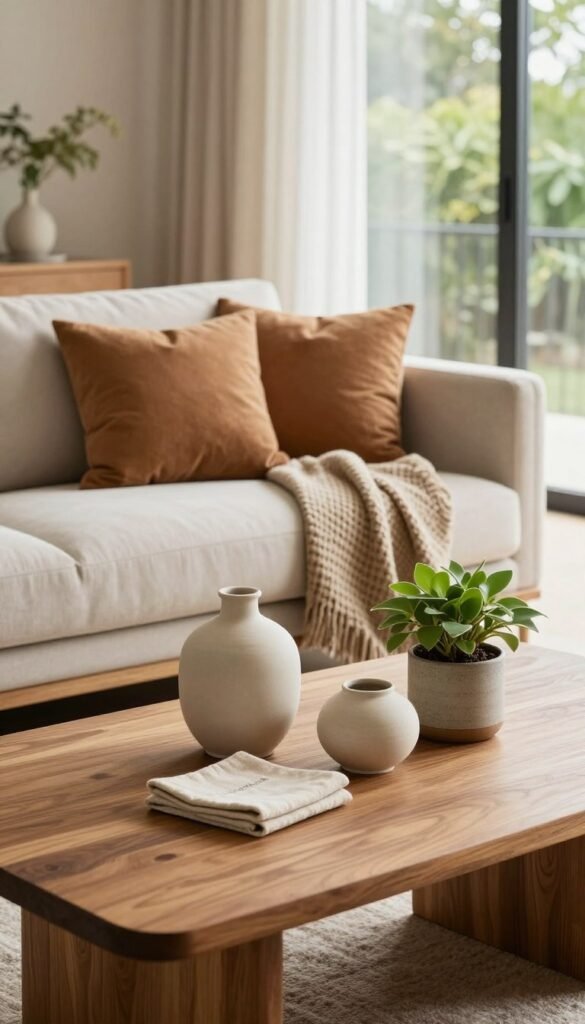 A beautifully styled living room showcasing a harmonious blend of modern and natural elements. In the foreground, a wooden coffee table adorned with elegant decor pieces like ceramic vases, soft fabric coasters, and a small potted plant. The middle layer features a cozy couch with cushions in warm tones, complemented by a stylish throw blanket. The background is softly lit with natural light streaming through large windows, revealing a glimpse of green foliage outside. The overall atmosphere is warm and inviting, ideal for a Pinterest-inspired interior design. The composition highlights the importance of setting a clear style and theme for decor, reflecting authenticity and sophistication. The brand name "WohnKiste" appears subtly integrated into the scene, enhancing the aesthetic without overpowering it.