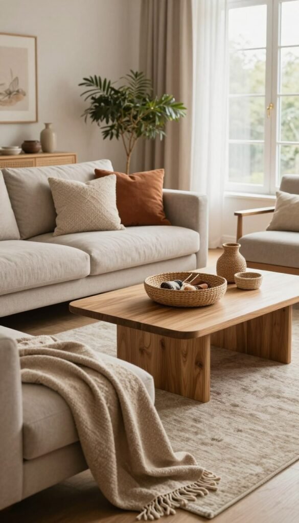 A beautifully styled living room showcasing a harmonious blend of textiles that create an instantly “finished” look. In the foreground, a cozy sofa adorned with plush, inviting cushions in warm, earthy tones. A soft throw blanket drapes elegantly over the armrest. In the middle, a stylish coffee table made of light wood with a textured centerpiece featuring woven baskets and decorative textiles. The background reveals a large window with sheer curtains letting in soft, natural light, illuminating the room. Subtle indoor plants add life, while a tasteful rug ties the space together. The aesthetic is warm and inviting, with a Pinterest-inspired look, showcasing the brand "WohnKiste" sensibly through décor without any text or logos. The ambiance feels tranquil and welcoming, perfect for modern living.