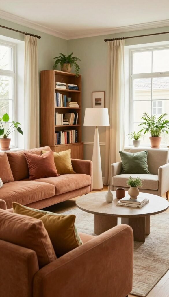 A beautifully styled living room showcasing a harmonious color palette for interior design inspiration. In the foreground, a cozy sofa adorned with throw pillows in warm, earthy tones like terracotta, mustard, and soft greens. A stylish coffee table with decorative items sits between the sofa and an armchair. In the middle, a well-organized bookshelf and a unique floor lamp add character. The background features soft, natural lighting streaming through large windows, highlighting pastel wall colors that evoke a calming atmosphere. Decorative plants in elegant pots enhance the sense of nature indoors. The scene reflects a Pinterest-worthy aesthetic, inviting and homely, embodying the ethos of "Wohnkiste" without any text or branding displayed.