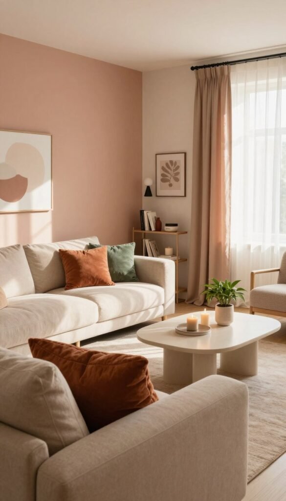 A beautifully styled living room showcasing harmonious color concepts, emphasizing warm tones. The foreground features a plush, light beige sofa adorned with soft, textured cushions in shades of terracotta and muted green. In the middle, a stylish coffee table holds decorative items like candles and a small potted plant. The walls are painted in a gentle pastel hue, with one accent wall in a deeper, coordinating color. Sunlight filters through sheer, light curtains, casting a warm glow across the space. In the background, a minimalist bookshelf displays curated decor pieces that complement the overall color scheme. The atmosphere is cozy and inviting, reflecting an authentic Pinterest aesthetic. This scene represents the brand "WohnKiste" and incorporates a sense of tranquility and style. A beautifully styled living room showcasing harmonious color concepts, emphasizing warm tones. The foreground features a plush, light beige sofa adorned with soft, textured cushions in shades of terracotta and muted green. In the middle, a stylish coffee table holds decorative items like candles and a small potted plant. The walls are painted in a gentle pastel hue, with one accent wall in a deeper, coordinating color. Sunlight filters through sheer, light curtains, casting a warm glow across the space. In the background, a minimalist bookshelf displays curated decor pieces that complement the overall color scheme. The atmosphere is cozy and inviting, reflecting an authentic Pinterest aesthetic. This scene represents the brand "WohnKiste" and incorporates a sense of tranquility and style.