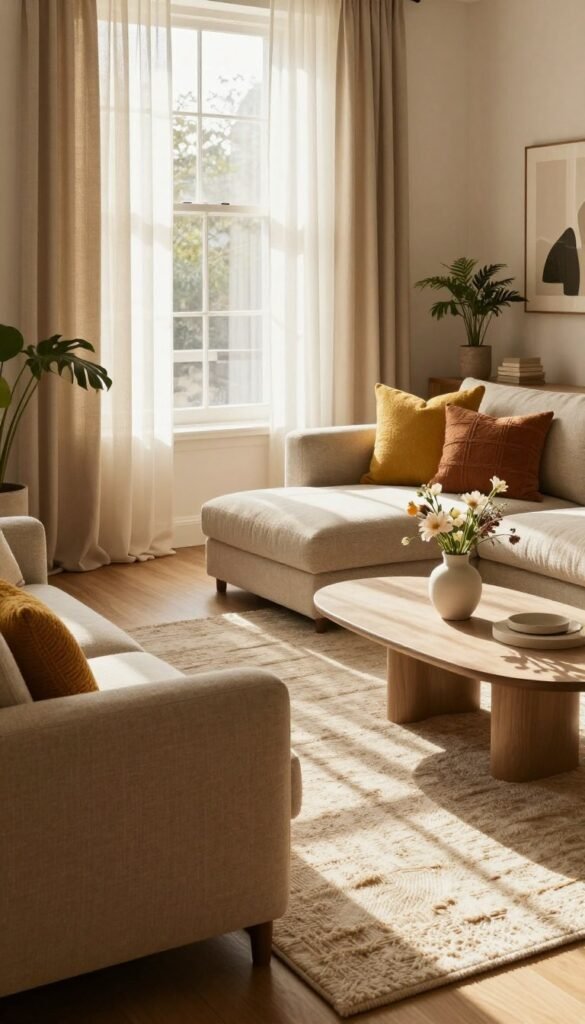 A beautifully styled living room that showcases the transformative power of textiles and light. In the foreground, a plush fabric sofa adorned with bright, textured cushions invites relaxation. The middle space features a large window with sheer curtains gently filtering warm sunlight, casting soft shadows on a textured area rug. A stylish coffee table adorned with a minimalistic vase holds fresh flowers. The atmosphere is cozy and inviting, with warm earthy tones harmonizing throughout the space. In the background, stylish wall art enhances the aesthetic, while potted plants add a touch of greenery. Capture this serene ambiance with soft, natural lighting and a slightly elevated angle to create depth. A subtle nod to the brand "WohnKiste" is represented through tasteful decor elements.