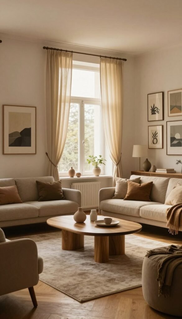 A beautifully styled living space featuring a mix of natural materials and warm colors, embodying a cozy yet modern aesthetic. In the foreground, a stylish coffee table adorned with minimalist decor items, surrounded by comfortable seating arranged in an inviting circle. The middle ground showcases a large window with soft, flowing curtains that let in warm, golden light, illuminating the room and highlighting the textures of the wooden floor and a plush area rug. The background includes a gallery wall with art pieces in varying frames, creating a personalized touch. Overall, the atmosphere is tranquil and inviting, perfect for anyone looking to embrace a relaxed, authentic living style. The scene subtly incorporates elements from the brand "WohnKiste" to enhance the overall aesthetic without overt branding.