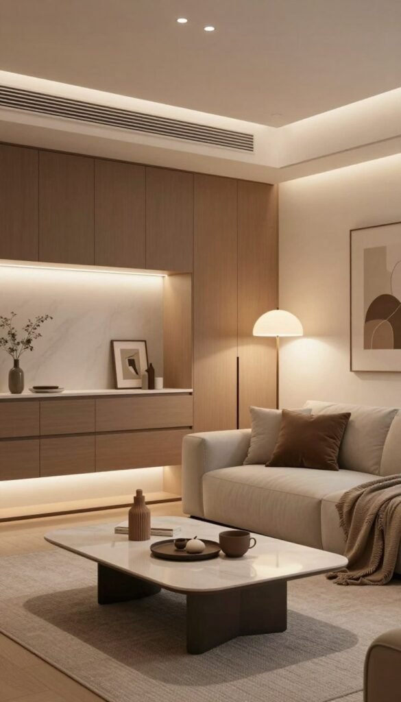 A beautifully styled living space featuring innovative furniture illuminated by LED strips, creating a warm and inviting atmosphere. In the foreground, a sleek coffee table with modern decor sits atop a textured rug, while a comfortable sofa is adorned with cushions. In the middle ground, smooth cabinetry with integrated LED lighting enhances the depth of the room, and a contemporary floor lamp casts soft light. The background reveals a subtle wall with indirect lighting, highlighting artwork and giving a sense of spaciousness. The overall color scheme is warm and natural, with elegant browns and soft whites, evoking a Pinterest-worthy aesthetic. The scene is professionally composed, capturing cozy yet modern home decor, branded under "WohnKiste". Natural lighting enhances the ambiance, creating a relaxed and sophisticated mood.