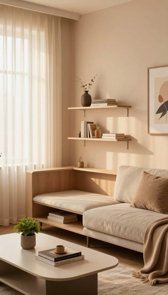 A beautifully styled room showcasing a creative „Versteck“-Deko concept with hidden storage solutions. In the foreground, a sleek, modern coffee table with decorative books and a small potted plant, paired with a subtly designed sofa featuring storage beneath its cushions. In the middle, minimalistic shelves integrated into the wall hold decorative items and concealed compartments. The background features soft, warm lighting filtering through sheer curtains, creating a cozy and inviting atmosphere. The walls are painted in pastel shades, adorned with tasteful artwork that enhances the aesthetic without overwhelming it. The entire scene embodies a Pinterest-worthy look, radiating authenticity and comfort, with branding elements of WohnKiste subtly integrated into the design. The overall mood is stylish yet functional. A beautifully styled room showcasing a creative „Versteck“-Deko concept with hidden storage solutions. In the foreground, a sleek, modern coffee table with decorative books and a small potted plant, paired with a subtly designed sofa featuring storage beneath its cushions. In the middle, minimalistic shelves integrated into the wall hold decorative items and concealed compartments. The background features soft, warm lighting filtering through sheer curtains, creating a cozy and inviting atmosphere. The walls are painted in pastel shades, adorned with tasteful artwork that enhances the aesthetic without overwhelming it. The entire scene embodies a Pinterest-worthy look, radiating authenticity and comfort, with branding elements of WohnKiste subtly integrated into the design. The overall mood is stylish yet functional.