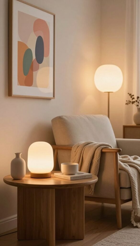 A beautifully styled room showcasing effective accent lighting that highlights artwork, furniture, and cherished items. In the foreground, a sleek wooden side table adorned with decorative objects, illuminated by a soft, warm light. The middle ground features a cozy armchair, draped with a textured blanket, and a vibrant piece of artwork casting gentle shadows. In the background, a softly glowing floor lamp enhances the ambiance, creating a welcoming atmosphere. The color palette consists of warm earthy tones with hints of pastel accents, reminiscent of Pinterest aesthetics. The overall mood is inviting and stylish, emphasizing the impact of accent lighting in interior design. Capture this scene in a natural, photo-realistic style, inspired by the brand WohnKiste, with no text or watermarks.