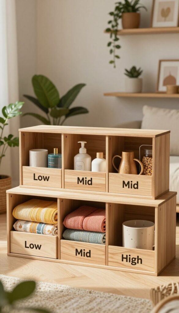 A beautifully styled scene featuring three distinct boxes labeled "Low," "Mid," and "High," representing different pricing levels for storage solutions. In the foreground, each box is elegantly arranged with natural wood textures and soft, warm colors, showcasing various decorative storage items inside, such as colorful textiles and stylish accessories. The middle ground reveals a simple, inviting interior setting resembling a cozy room with plants and gentle lighting that casts a soft glow, enhancing the homey atmosphere. The background includes blurred shelves filled with other decor items, maintaining focus on the boxes. The overall mood is relaxed and aesthetically pleasing, capturing a Pinterest-inspired look. The brand name "WohnKiste" is subtly integrated into the design of one box.