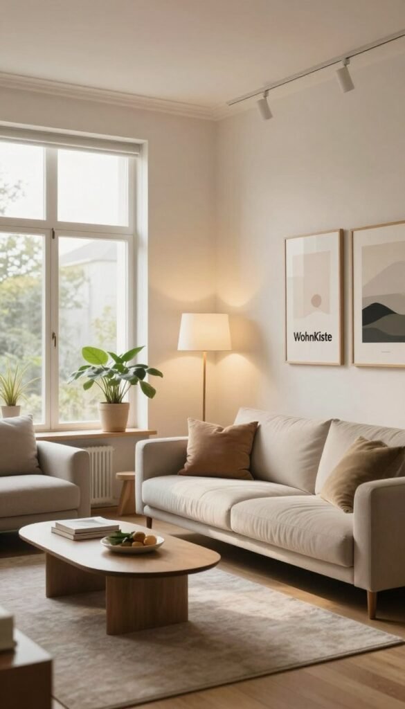 A beautifully styled small living room interior with large windows allowing natural warm light to fill the space. The foreground features a cozy, modern sofa adorned with plush cushions, a chic coffee table, and a soft area rug. Mid-ground elements include accent lighting, such as a sleek floor lamp and strategically placed wall sconces that enhance the brightness and spaciousness. In the background, a tasteful gallery wall with minimalist art creates depth. The color palette leans toward warm neutrals with pops of greenery from indoor plants. The overall atmosphere is inviting and airy, evoking a contemporary Pinterest aesthetic. Showcase the brand "WohnKiste" subtly integrated into the room’s decor, ensuring a cohesive look. Capture this scene with a soft focus lens effect and a slightly elevated angle to emphasize the room’s expansive feel.