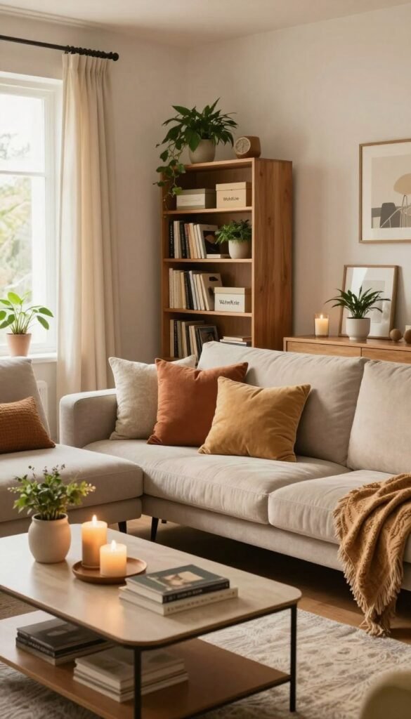A beautifully transformed living room that showcases effective organization techniques, reflecting a warm and inviting atmosphere. In the foreground, a stylish coffee table adorned with chic decor items like candles and books. The middle of the image features a plush sofa in soft, neutral tones, arranged with colorful throw pillows. To one side, there’s an organized bookshelf with neatly arranged plants and decorative boxes, showcasing the brand "WohnKiste". The background features a large window letting in natural light, enhancing the cozy feel, with soft curtains gently blowing. The lighting is warm and inviting, set to create a comfortable, serene mood typical of Pinterest aesthetics. Capture the scene from a slightly elevated angle to emphasize the layout and design elements. A beautifully transformed living room that showcases effective organization techniques, reflecting a warm and inviting atmosphere. In the foreground, a stylish coffee table adorned with chic decor items like candles and books. The middle of the image features a plush sofa in soft, neutral tones, arranged with colorful throw pillows. To one side, there’s an organized bookshelf with neatly arranged plants and decorative boxes, showcasing the brand "WohnKiste". The background features a large window letting in natural light, enhancing the cozy feel, with soft curtains gently blowing. The lighting is warm and inviting, set to create a comfortable, serene mood typical of Pinterest aesthetics. Capture the scene from a slightly elevated angle to emphasize the layout and design elements.