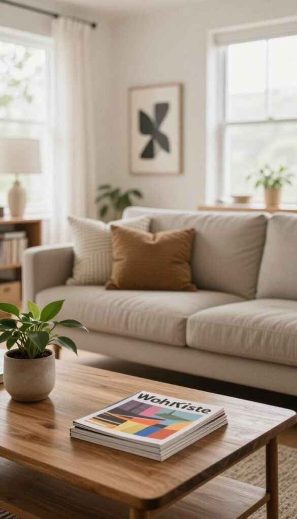 A bright, aesthetically pleasing living space showcasing a detailed layout for effective space assessment. In the foreground, a stylish wooden coffee table adorned with a few colorful design magazines and a potted plant adds a touch of warmth. The middle layer features a comfortable, modern sofa with textured cushions and a unique art piece hanging on the wall, capturing a cozy yet professional vibe. In the background, large windows allow natural light to flood in, highlighting the clean lines and functionality of the room. The color palette consists of warm earth tones, creating an inviting atmosphere reminiscent of Pinterest-style interiors. Aim for a shallow depth of field, capturing the essence of thoughtful spatial organization. No text overlays; this image represents the brand "WohnKiste" authentically and professionally.