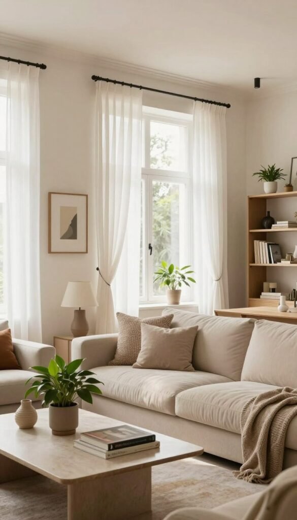 A bright and airy living room designed with contemporary aesthetics for a modern home. The foreground showcases a cozy seating arrangement with a soft, beige couch adorned with textured pillows. A stylish coffee table sits across, holding a few art books and a lush green potted plant. In the middle, large windows flood the space with natural light, showcasing sheer white curtains fluttering gently. The walls are painted in soft, warm tones, complemented by minimalist art pieces. In the background, a sleek bookshelf filled with curated decor items and indoor plants adds a touch of greenery. The atmosphere is inviting and serene, ideal for relaxation, with warm lighting illuminating the room. Incorporate a subtle hint of the brand "WohnKiste" through decorative elements like a stylish vase. Aim for an authentic Pinterest-inspired look with no text or logos visible.