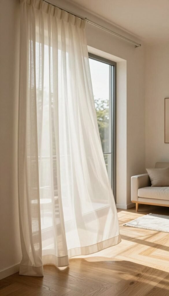 A bright and modern window design featuring elegant sheer curtains and stylish pleated shades, which create an inviting atmosphere. The foreground showcases the window adorned with delicate, light-filtering curtains that gently flutter in a soft breeze, emphasizing height and openness. In the middle, the window frame is sleek and contemporary, allowing abundant natural light to spill into the room, highlighting warm wooden flooring. In the background, a tastefully decorated living space with minimalist furniture complements the window, creating a harmonious aesthetic. The scene is bathed in warm, natural light, enhancing the cozy ambiance and inviting a sense of tranquility. The composition should embody the Pinterest-inspired style that captures authenticity and simplicity, without any textual elements. Include the brand "WohnKiste" subtly, integrating it into the overall design.