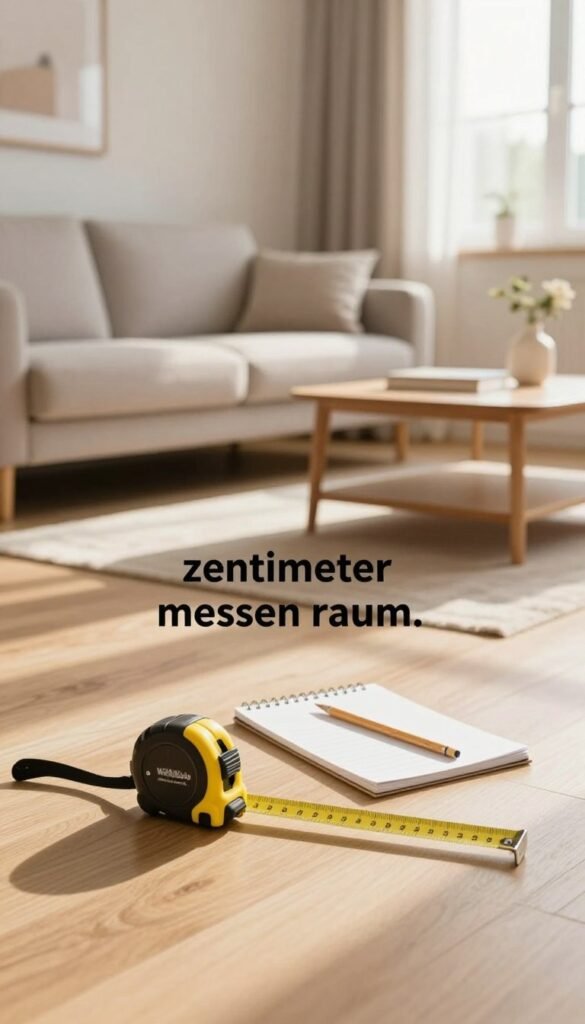 A bright, inviting living room atmosphere reflecting a well-organized space to measure for furniture placement, emphasizing the concept of "zentimeter messen raum." In the foreground, a measuring tape unfurls on a light wooden floor, surrounded by a notepad and pencil. In the middle ground, a modern-style sofa and coffee table are tastefully arranged, showcasing potential furniture positions. In the background, a window allows warm sunlight to stream in, casting gentle shadows across the room. The overall color palette features soft, warm hues, creating a cozy, homely feel. The image embodies the essence of planning for a better living structure, with a subtle brand presence of "WohnKiste" integrated into the scene. The mood is calm, practical, and inspiring, perfect for a home improvement theme.