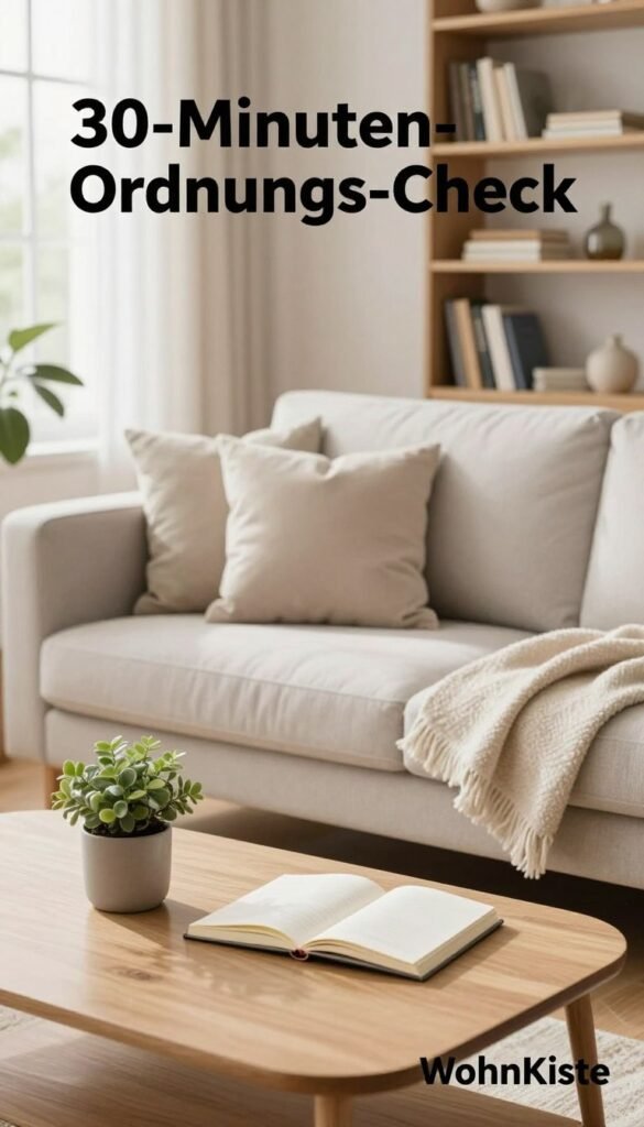 A bright, inviting living room scene inspired by the concept of "30-Minuten-Ordnungs-Check" created for WohnKiste. In the foreground, a neatly organized coffee table with minimal decor, featuring a small plant and a stylish, open notebook. In the middle ground, a cozy sofa adorned with neatly arranged cushions and a soft throw, creating a sense of comfort. In the background, light floods in through large windows, illuminating an orderly bookshelf with thoughtfully arranged books and decorative items. Warm, natural colors dominate the space, accentuating a peaceful and harmonious atmosphere. The overall composition emphasizes a serene and tidy environment, conveying the essence of achieving harmony quickly and effortlessly. The image should evoke a sense of calm and order, with a Pinterest-inspired aesthetic, free from any text or branding overlays.