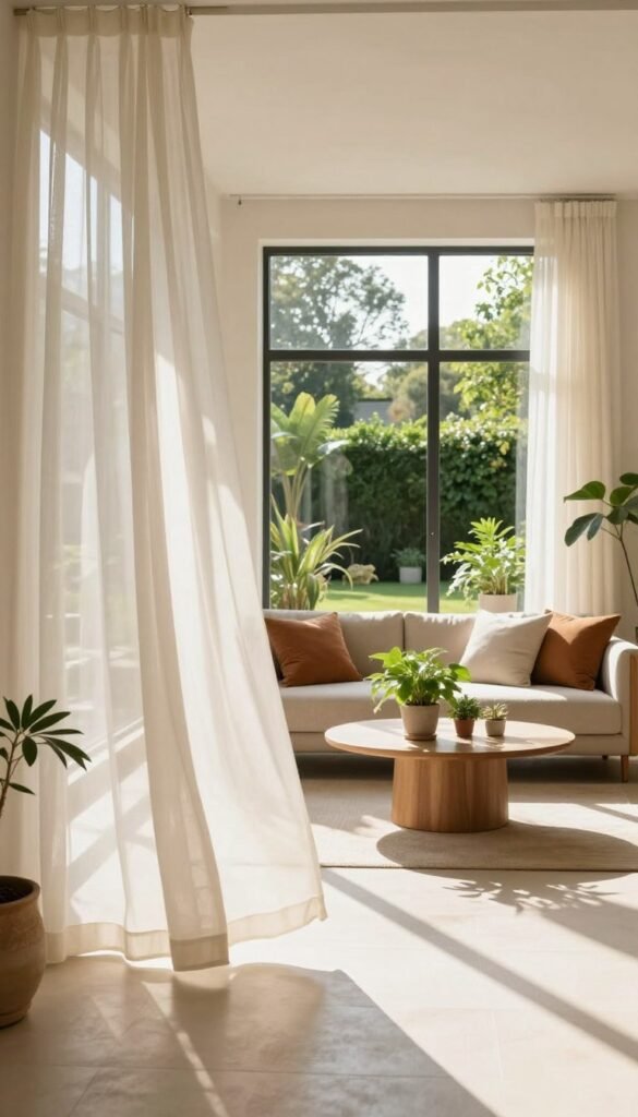 A bright, inviting room with large floor-to-ceiling windows allowing natural daylight to flood in, casting soft shadows across the floor. The foreground features elegant sheer curtains gently billowing in a light breeze, enhancing the airy feeling of the space. In the middle ground, a cozy seating area with a stylish couch adorned with warm-toned cushions and a tasteful coffee table filled with potted plants, reflecting nature. The background showcases a panoramic view of a tranquil garden, lush greenery creating a serene backdrop. The atmosphere is warm and welcoming, reminiscent of a Pinterest aesthetic, capturing a sense of openness without overwhelming the space. The lighting is soft and natural, creating a comforting ambiance. Include touches of modern décor. No text overlays or watermarks. Brand: WohnKiste. A bright, inviting room with large floor-to-ceiling windows allowing natural daylight to flood in, casting soft shadows across the floor. The foreground features elegant sheer curtains gently billowing in a light breeze, enhancing the airy feeling of the space. In the middle ground, a cozy seating area with a stylish couch adorned with warm-toned cushions and a tasteful coffee table filled with potted plants, reflecting nature. The background showcases a panoramic view of a tranquil garden, lush greenery creating a serene backdrop. The atmosphere is warm and welcoming, reminiscent of a Pinterest aesthetic, capturing a sense of openness without overwhelming the space. The lighting is soft and natural, creating a comforting ambiance. Include touches of modern décor. No text overlays or watermarks. Brand: WohnKiste.
