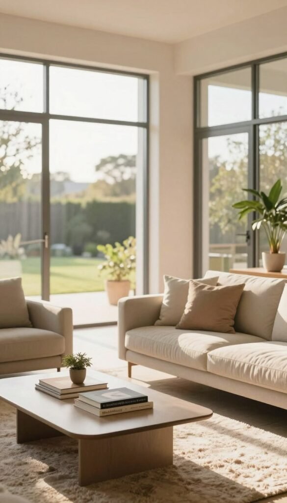 A brightly lit interior space featuring a modern room with large, unobstructed windows allowing natural light to flood in. In the foreground, a stylish coffee table adorned with some decorative books and a small plant. In the middle ground, a cozy sofa with neutral-toned cushions and a plush rug that adds warmth to the scene. The background showcases an open layout, emphasized by a view through the windows revealing a distant landscaped garden. The lighting is soft and inviting, with golden hour tones casting gentle shadows. A subtle hint of greenery from potted plants adds a touch of nature. The overall atmosphere is serene and spacious, embodying the Pinterest aesthetic. Include a logo for "WohnKiste" subtly placed to enhance brand recognition without overpowering the image.