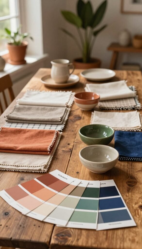A carefully curated color palette spread across a rustic wooden table, featuring an array of warm, natural shades—rich terracotta, soft beige, muted olive green, and deep indigo—blending harmoniously to evoke a sense of comfort and tranquility. In the foreground, paint swatches and color samples are elegantly arranged beside delicate, handcrafted ceramic bowls painted in complementary hues. The middle ground showcases a stylishly arranged selection of fabric swatches and stylish decor items that reflect bohemian aesthetics. In the background, a softly lit room with potted plants and warm, inviting textures creates a Pinterest-worthy atmosphere. The gentle sunlight filters through a window, casting a warm glow and enhancing the colors' vibrancy. The scene is designed to inspire individuals seeking their personal color palette, with the brand name "Wohnkiste" subtly integrated into the composition. A carefully curated color palette spread across a rustic wooden table, featuring an array of warm, natural shades—rich terracotta, soft beige, muted olive green, and deep indigo—blending harmoniously to evoke a sense of comfort and tranquility. In the foreground, paint swatches and color samples are elegantly arranged beside delicate, handcrafted ceramic bowls painted in complementary hues. The middle ground showcases a stylishly arranged selection of fabric swatches and stylish decor items that reflect bohemian aesthetics. In the background, a softly lit room with potted plants and warm, inviting textures creates a Pinterest-worthy atmosphere. The gentle sunlight filters through a window, casting a warm glow and enhancing the colors' vibrancy. The scene is designed to inspire individuals seeking their personal color palette, with the brand name "Wohnkiste" subtly integrated into the composition.
